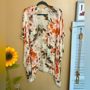 CATO Floral Kimono Cardigan in Orange and Brown With Gold Sequins.